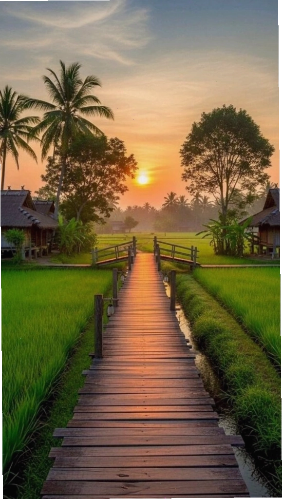 Hình nền máy tính 4k lối gỗ nhỏ giữa cánh đồng xanh dưới ánh hoàng hôn