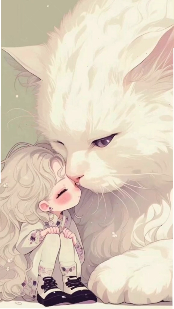 Hình nền mèo trắng bên cô bé dễ thương