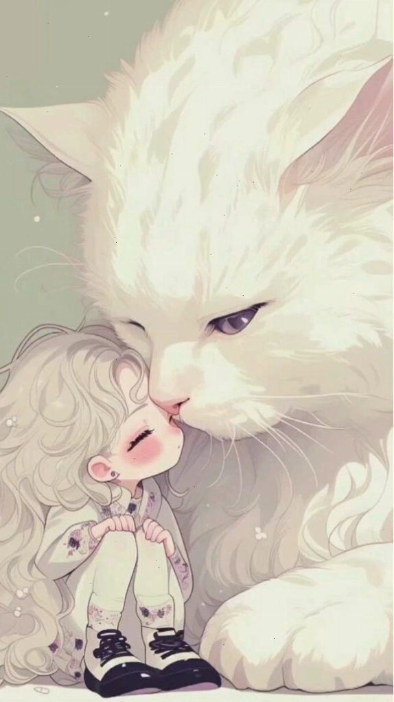 Hình nền mèo trắng bên cô bé dễ thương, tạo nên khoảnh khắc ngọt ngào