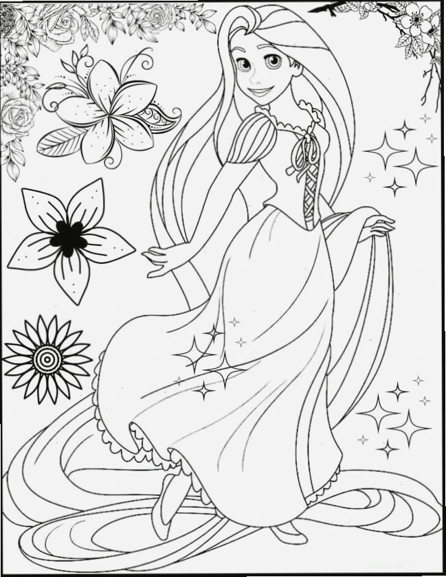 Hình tô màu công chúa Rapunzel với mái tóc dài thả xuống từ tháp