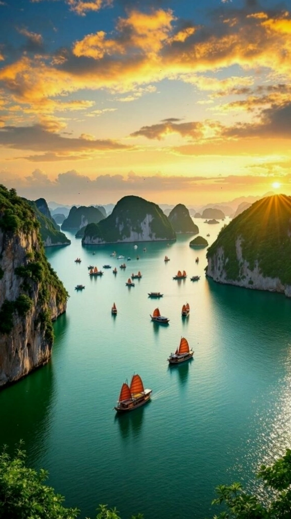 Hoàng hôn rực sáng trên vịnh biển và núi đá tạo nên hình nền cam ấn tượng