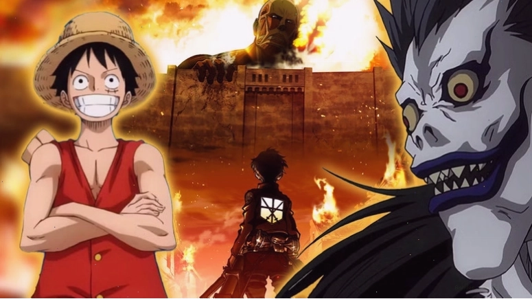 Iconic anime characters from One Piece, Attack on Titan, and Death Note