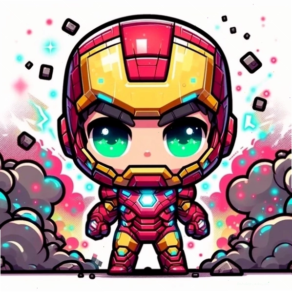 Iron Man Chibi với biểu cảm đáng yêu và màu sắc tươi sáng