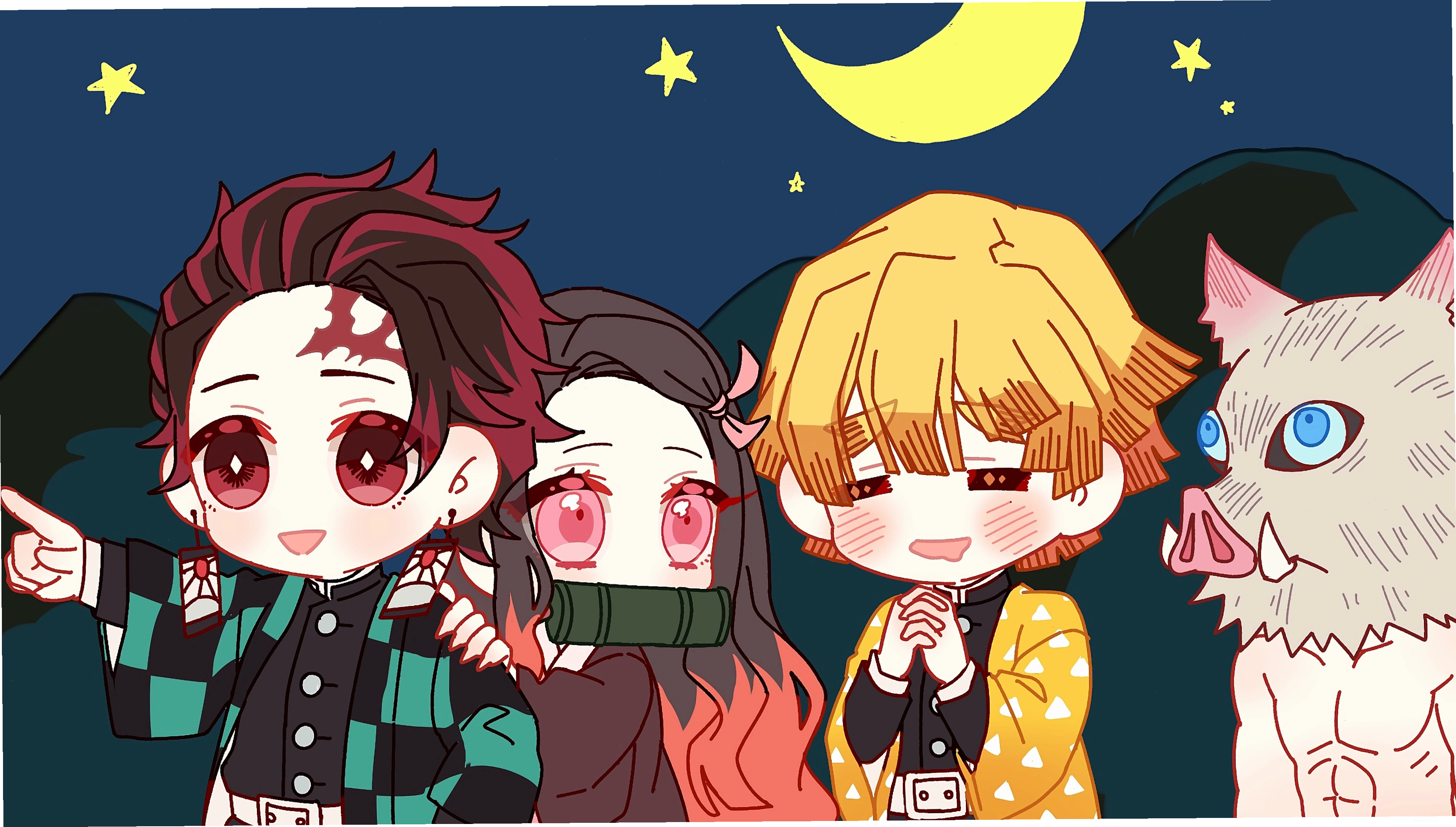 Kimetsu no Yaiba Chibi Tanjirou Nezuko Zenitsu Inosuke 4K
