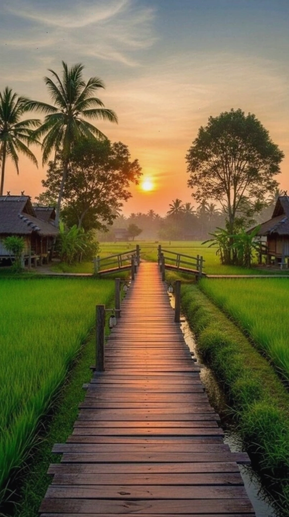 Lối gỗ nhỏ giữa cánh đồng xanh dưới ánh hoàng hôn