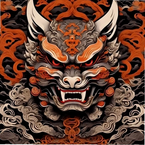 Mặt nạ Kitsune Nhật Bản với đồ họa đầu quái vật