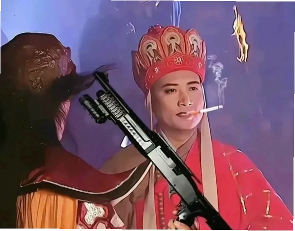 Meme Đường Tăng cầm súng với vẻ mặt quyết tâm