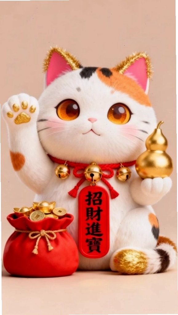 Mèo thần tài đáng yêu mang túi vàng may mắn