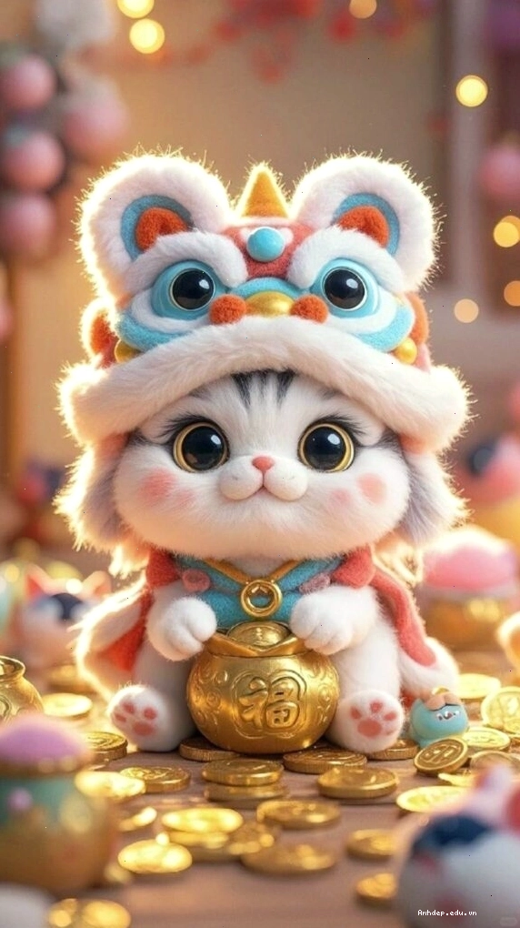 Mèo thần tài dễ thương mang năng lượng may mắn cho năm mới trên điện thoại