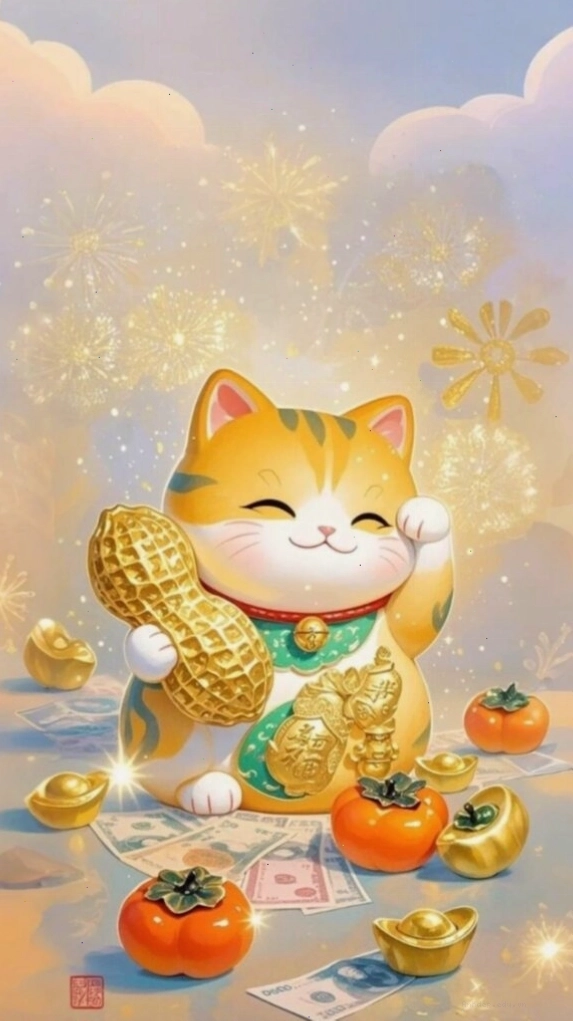 Mèo thần tài vàng cười tươi lan tỏa năng lượng tích cực