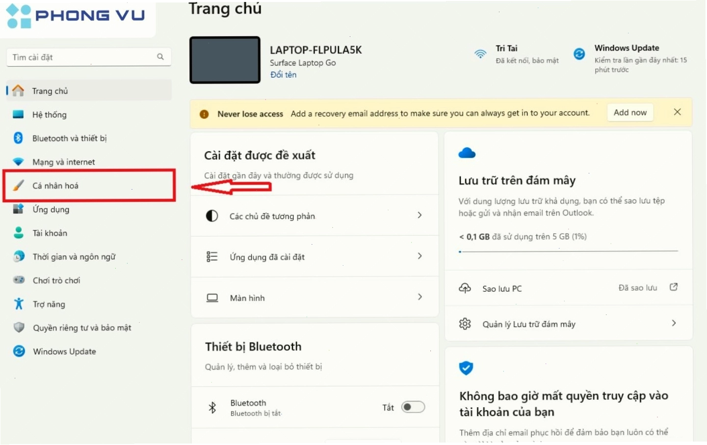 Mở cài đặt và chọn vào phần Cá nhân hóa trên màn hình hiển thị