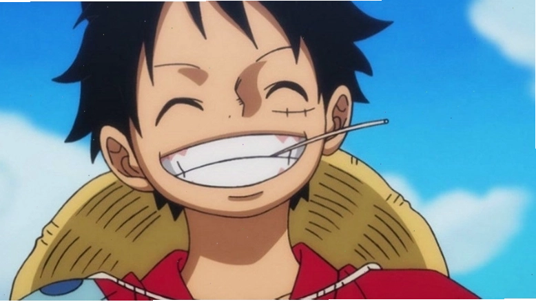 Monkey D Luffy smiles with straw in his mouth