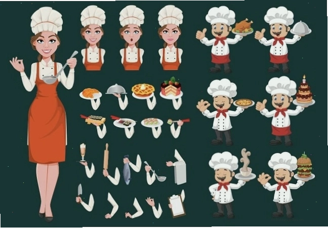 Nhân vật đầu bếp chibi nữ với trang phục nấu ăn đáng yêu