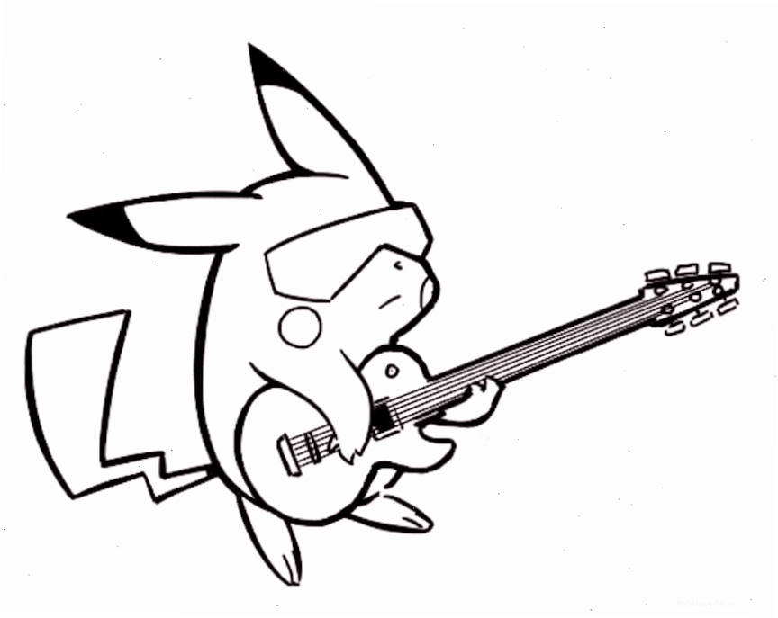Pikachu đang chơi đàn, bé có thể tô màu theo sở thích