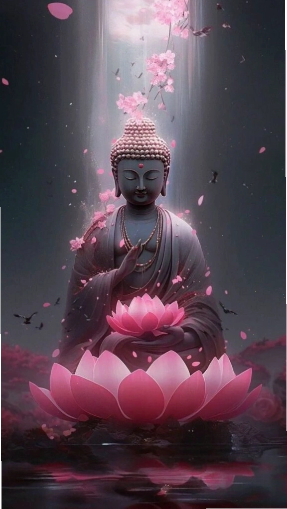 Sen hồng nâng đỡ Đức Phật trên nền đen
