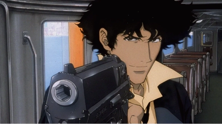 Spike Spiegel points a gun on a train in Cowboy Bebop