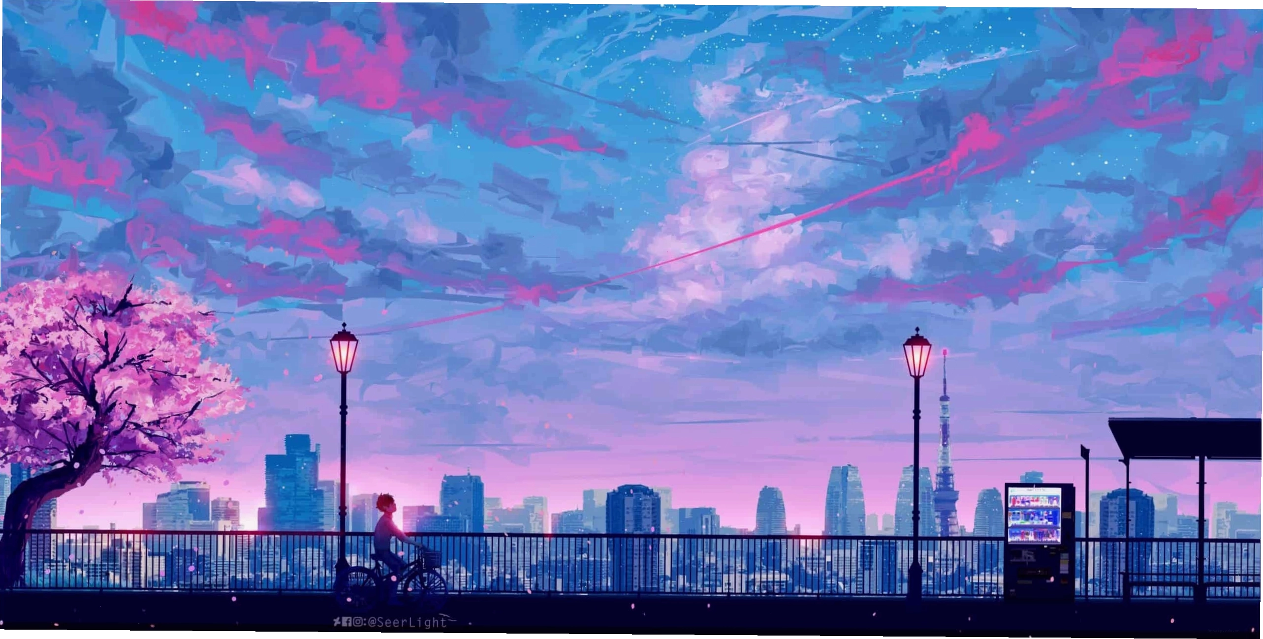 Thành phố anime lung linh về đêm với ánh đèn