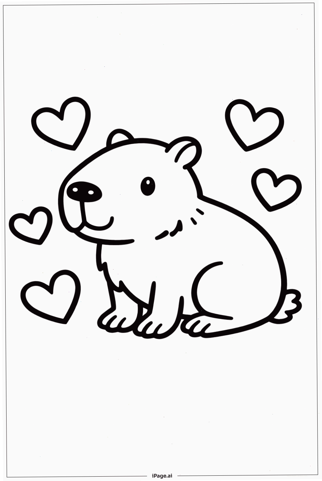 Trang tô màu Capybara với những trái tim xung quanh, thể hiện tình yêu thương
