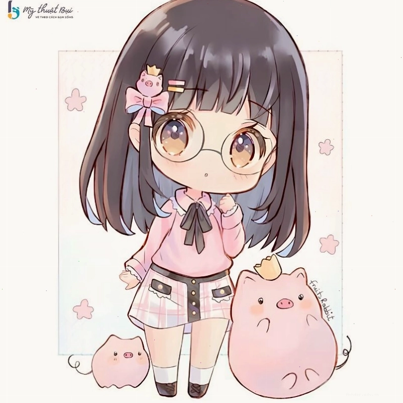 Tranh anime chibi girl cute với mái tóc dài và trang phục váy hoa