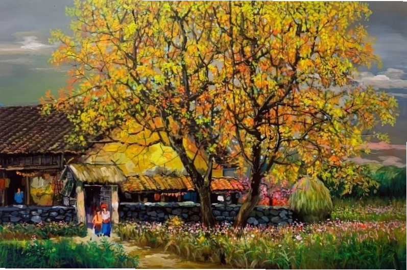 Tranh cánh đồng hoa bên hiên nhà nơi miền sơn cước