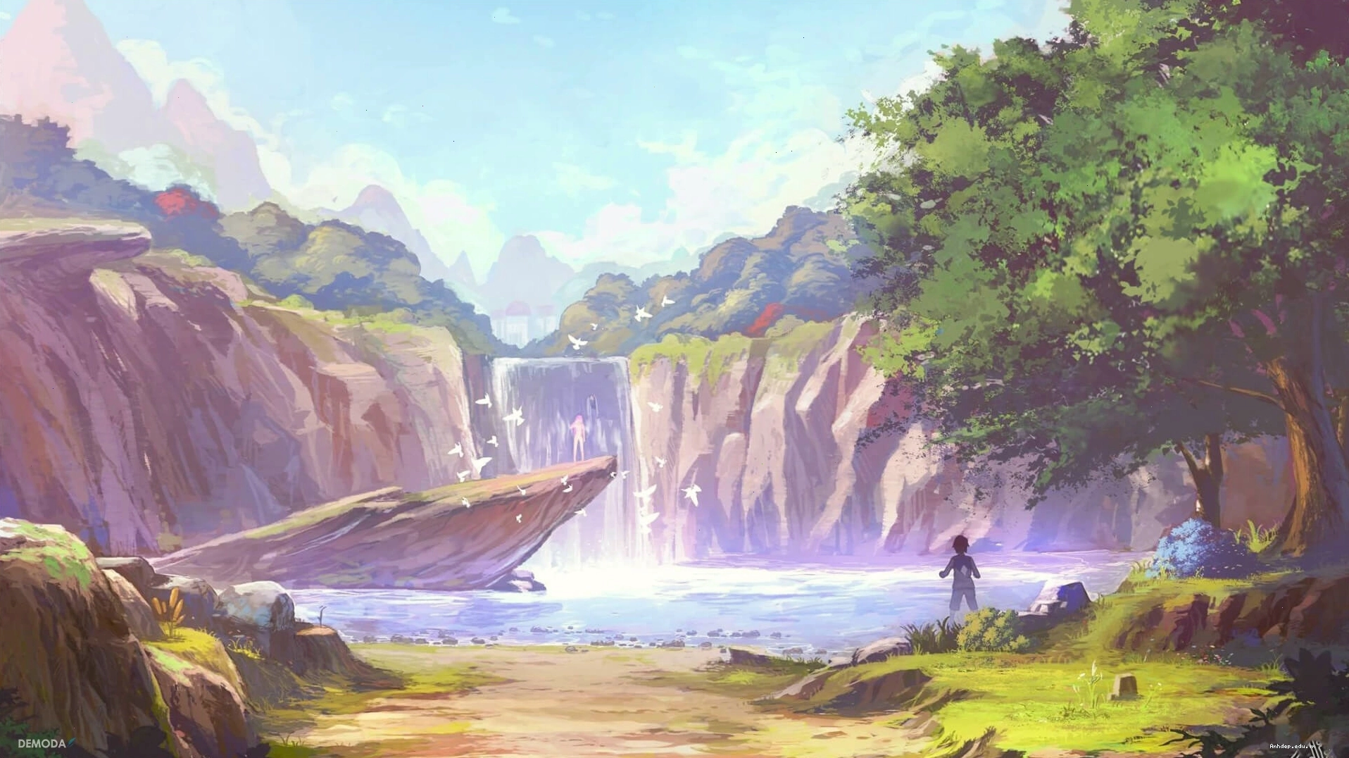 Tranh phong cảnh anime lãng mạn với con đường và ánh trăng