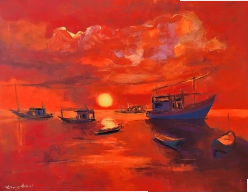 Tranh phong cảnh biển hoàng hôn lãng mạn, gam màu ấm cho không gian thư giãn.