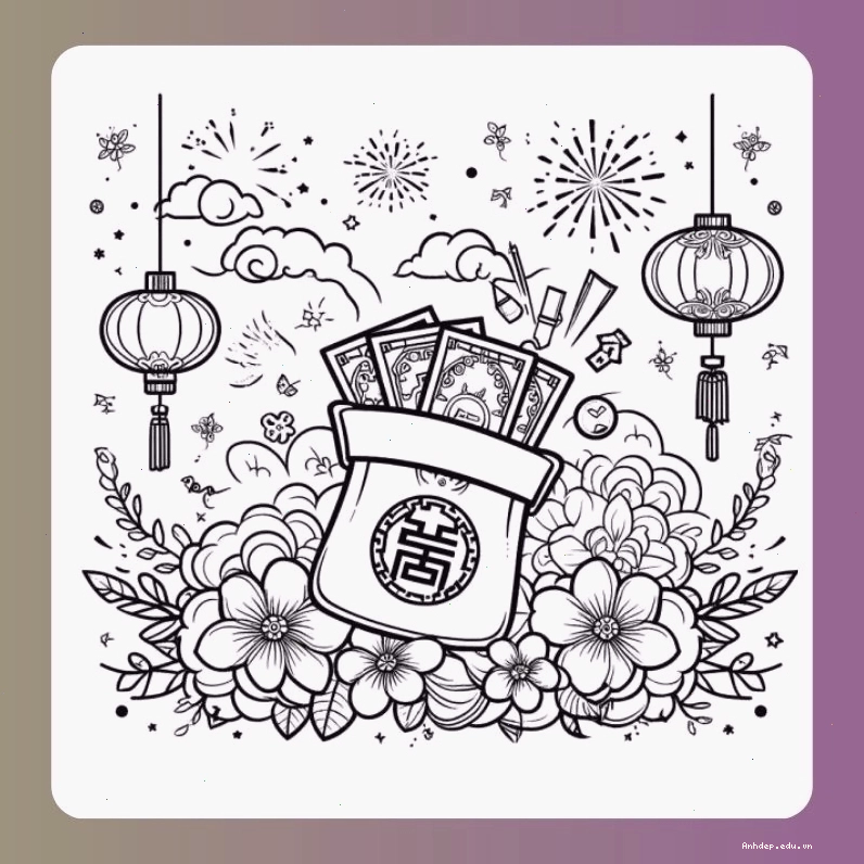 Tranh tô màu bao lì xì với các hình ảnh chibi dễ thương