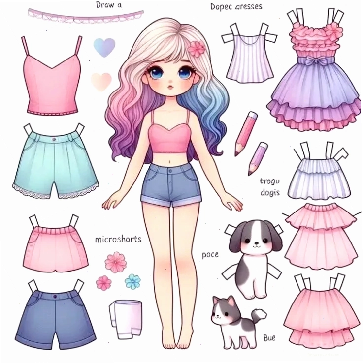 Tranh tô màu búp bê giấy chibi với nhiều bộ trang phục khác nhau