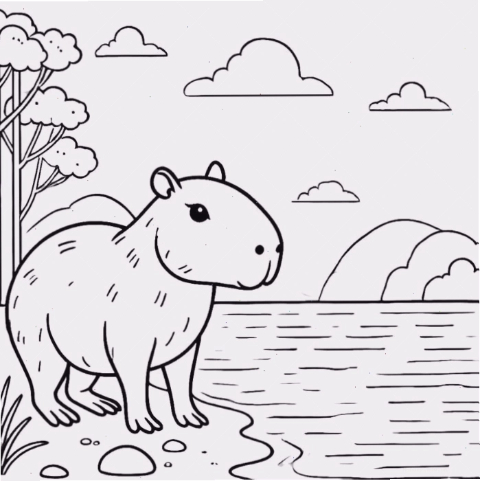 Tranh tô màu Capybara cute với biểu cảm đáng yêu