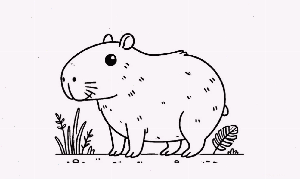 Tranh tô màu capybara đáng yêu bên cạnh hoa lá
