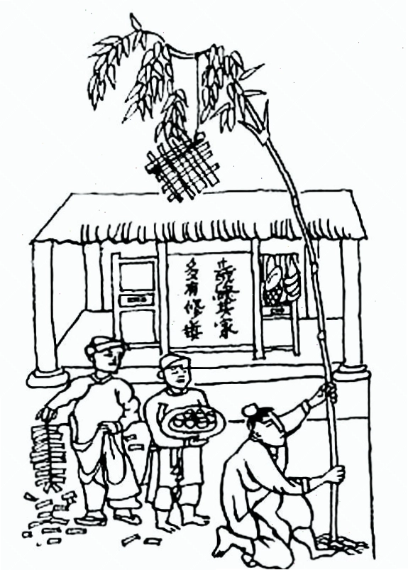 Tranh tô màu cây nêu ngày Tết cổ truyền