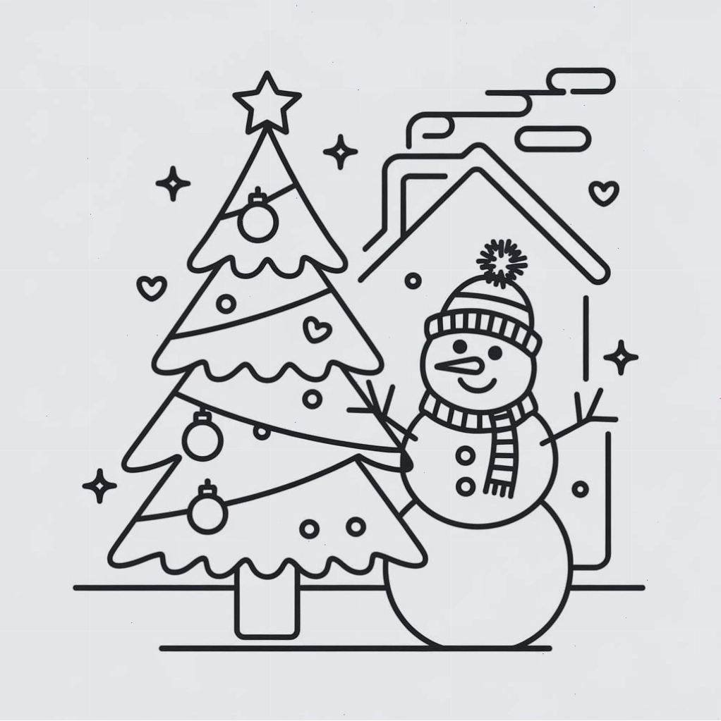 Tranh tô màu cây thông Noel cùng người tuyết