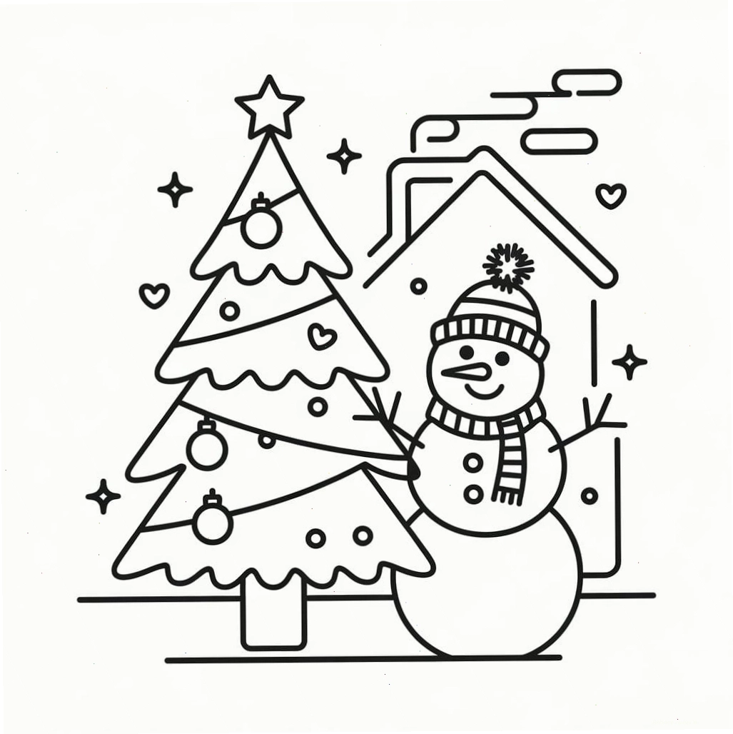 Tranh tô màu cây thông Noel và người tuyết vui nhộn