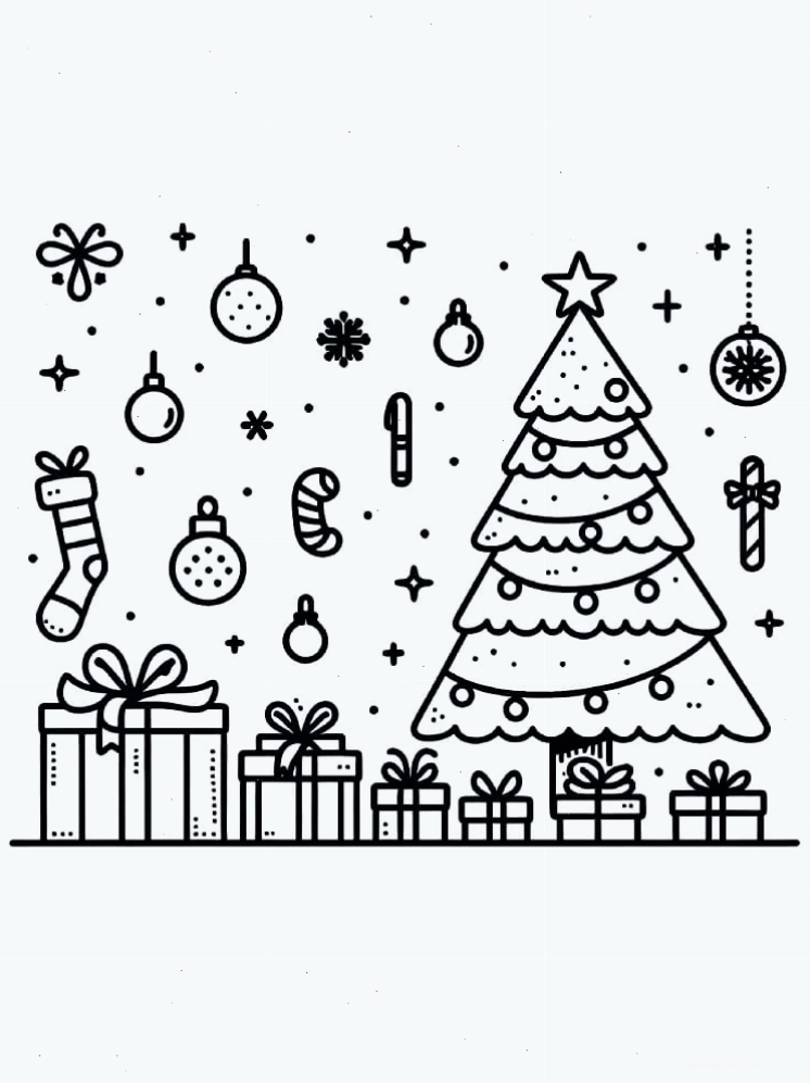 Tranh tô màu cây thông Noel và nhiều món quà