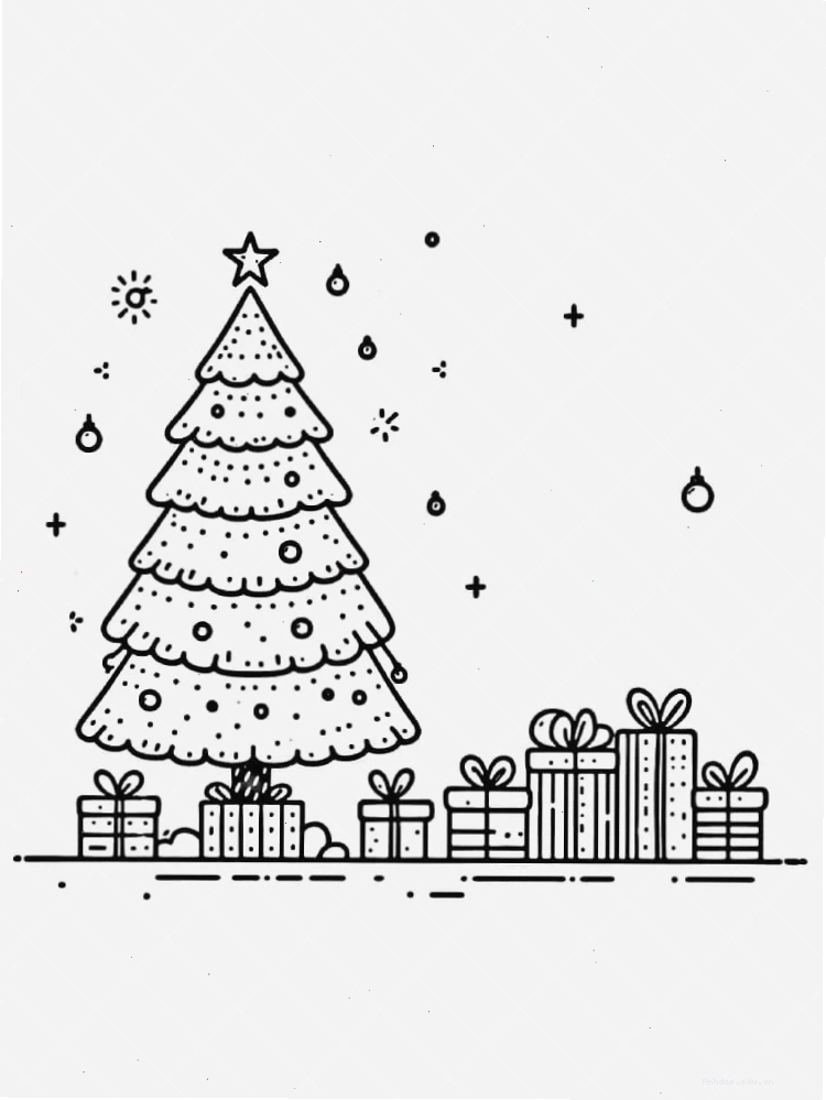 Tranh tô màu cây thông Noel với các món quà