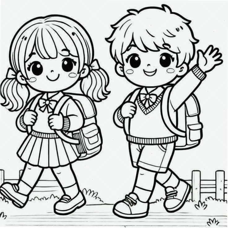 Tranh tô màu lớp học với bàn ghế, bảng và cửa sổ