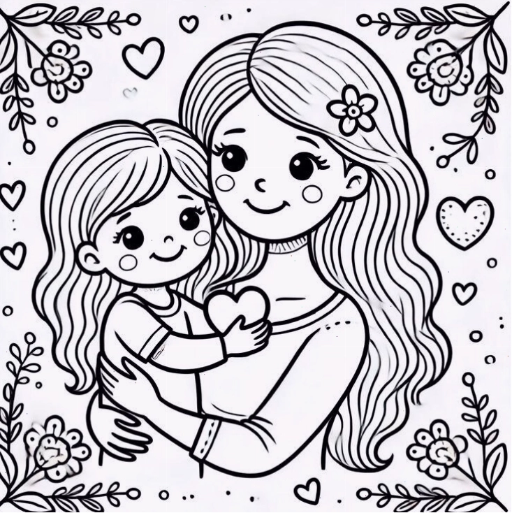 Tranh tô màu mẹ và bé gái thể hiện tình yêu thương nồng ấm