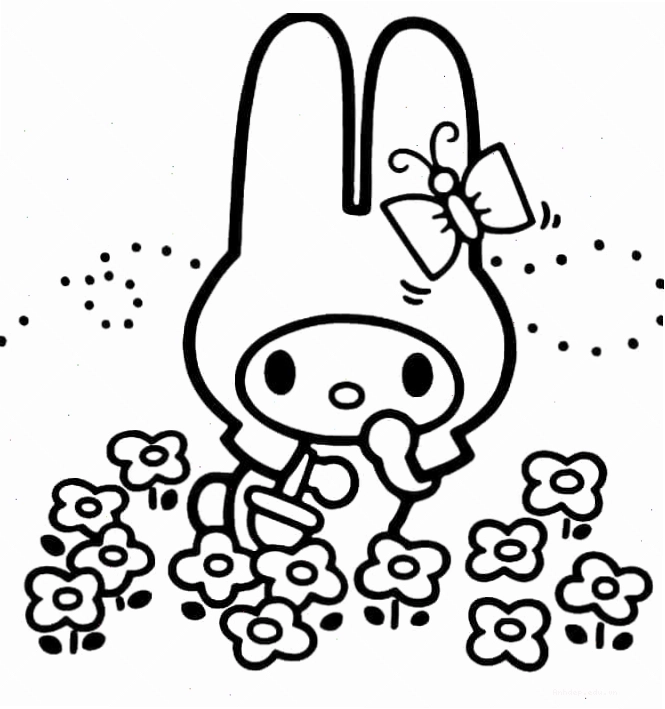 Tranh tô màu My Melody đang hái hoa