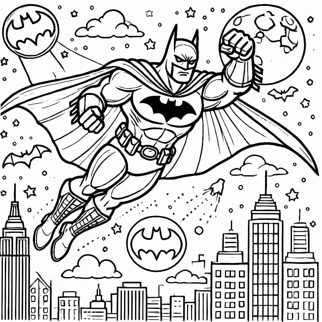 Tranh tô màu Người Dơi bay trong thành phố Gotham