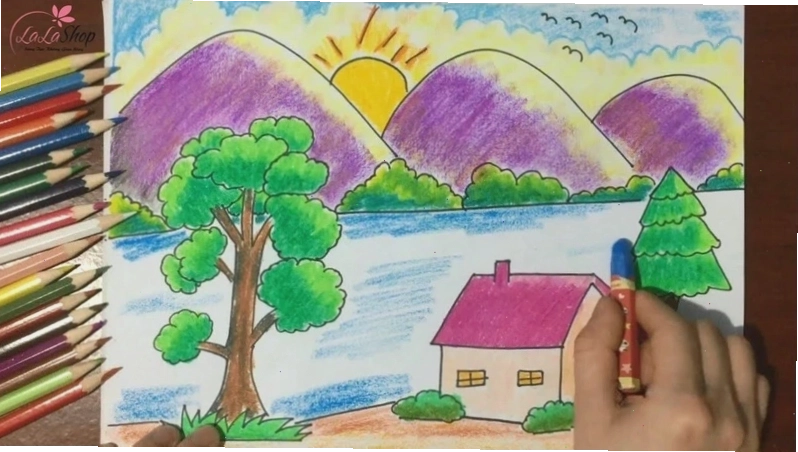 Tranh vẽ đỉnh núi và nhà tranh