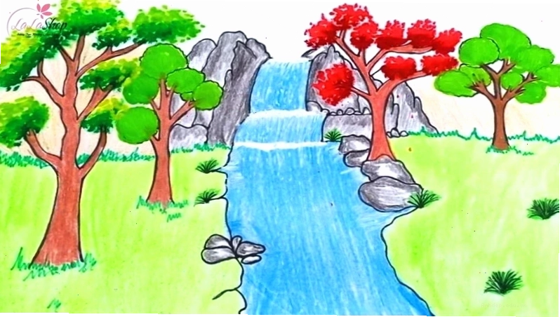 Tranh vẽ núi và thác nước bên rừng cây