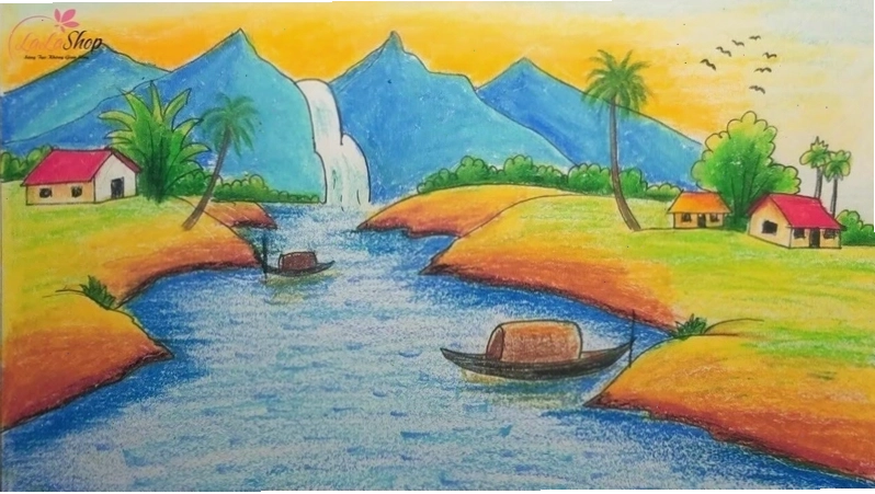 Tranh vẽ phong cảnh núi và thác nước