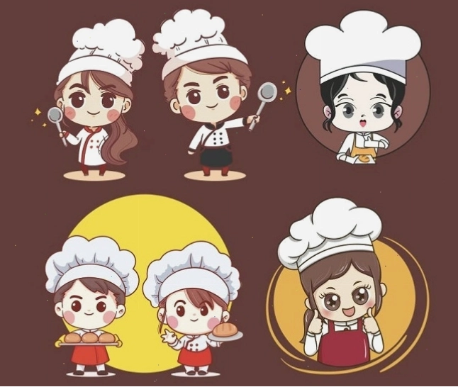 Vector đầu bếp chibi nữ trong tư thế sẵn sàng chế biến món ăn