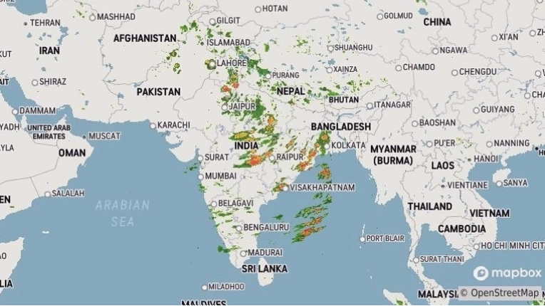 An illustration of an India Weather Radar displaying real-time precipitation and storm movements.