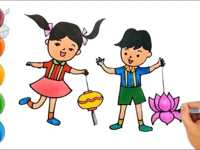 Bộ tranh tô màu trung thu đẹp mắt múa lân, đèn lồng