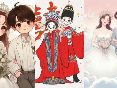 Ảnh cô dâu chú rể chibi phong cách cute cho mọi cặp đôi