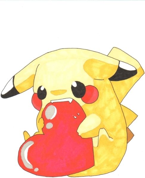 Chibi ảnh Pikachu cute với trái tim đỏ