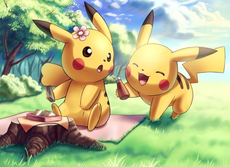 Chibi ảnh Pikachu cute dễ thương bên bạn bè