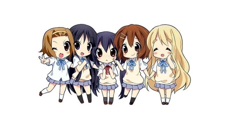 Chibi ảnh anime nhóm 5 người nữ trong không gian đầy màu sắc