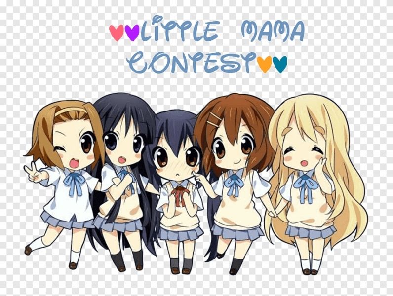 Chibi ảnh anime nhóm 5 người nữ đứng bên nhau cười tươi